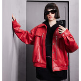 Unisex Jacket Fall Loose Lapels PU Leather Jacket Retro Biker's Coat
